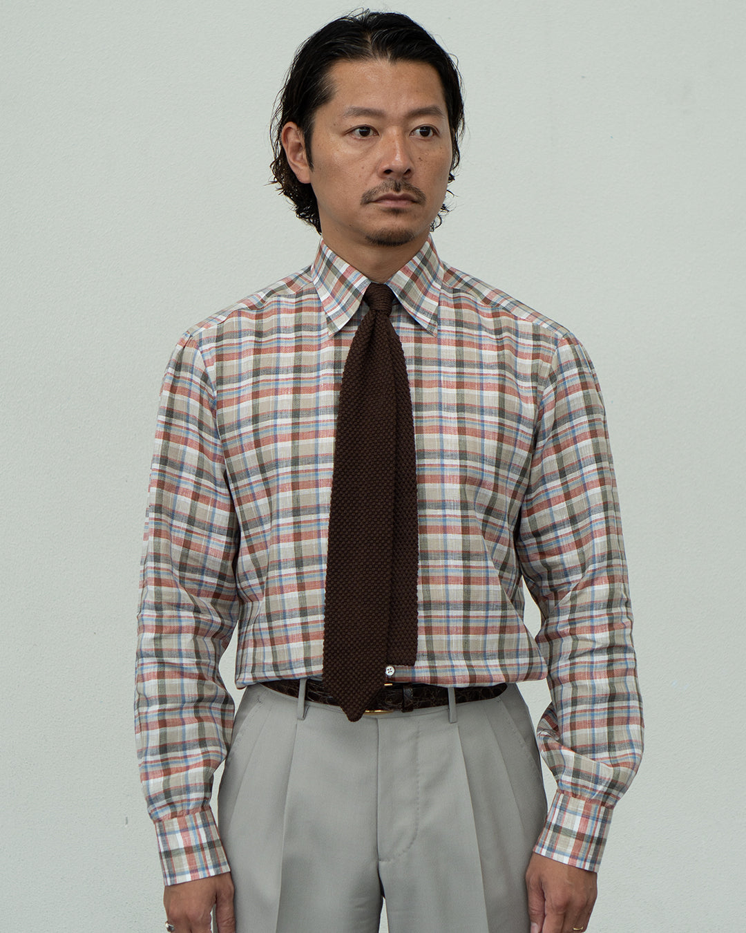 【Order】WEARLNESS/Long point regular collar shirt/Albini Linen Check