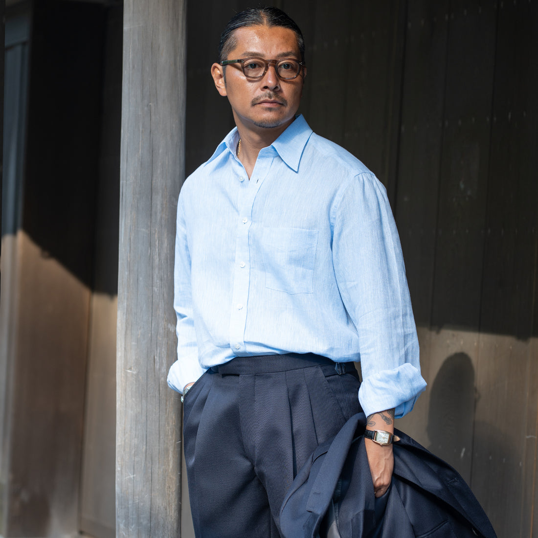 WEARLNESS/Classic Linen Shirt /Sax Blue