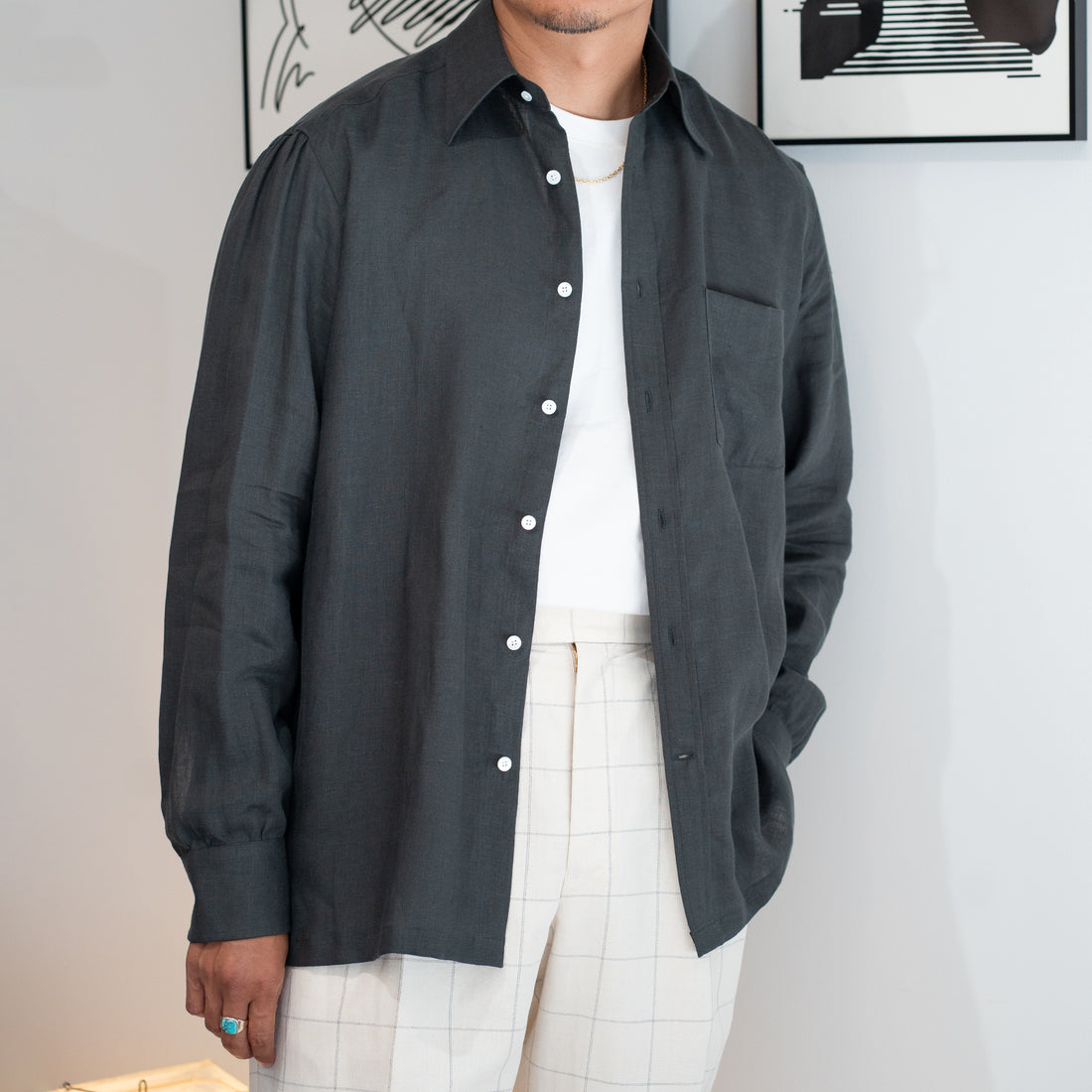 WEARLNESS/Classic Linen Shirt /Dark Green