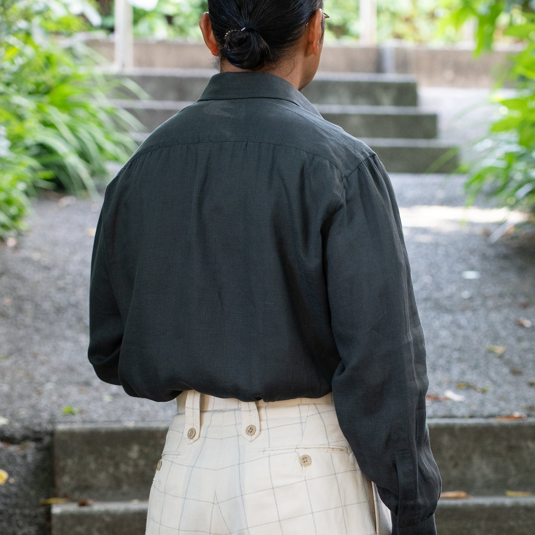 WEARLNESS/Classic Linen Shirt /Dark Green