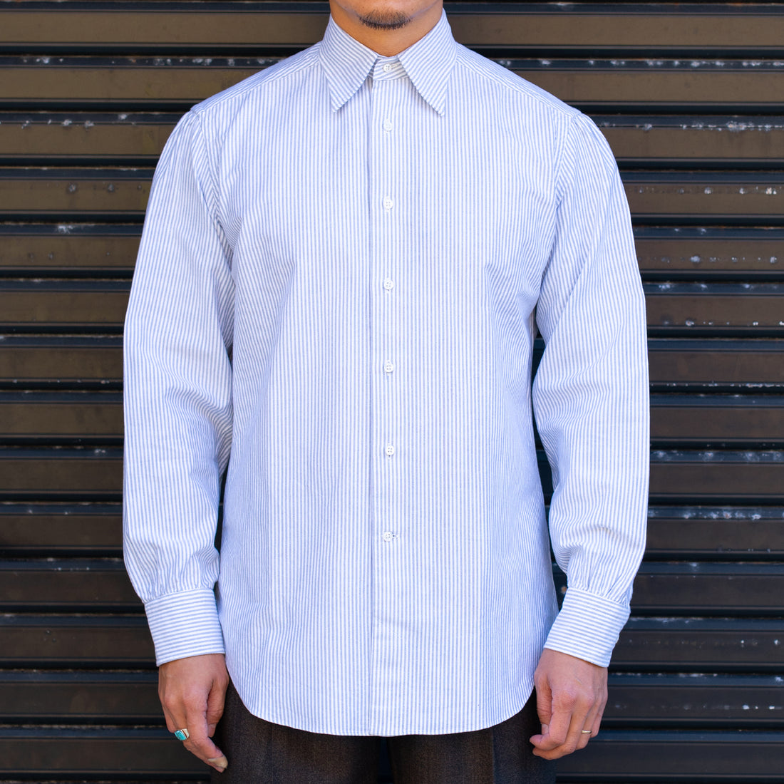 【Order】WEARLNESS/Long point regular collar shirt/Oxford Stripe Blue