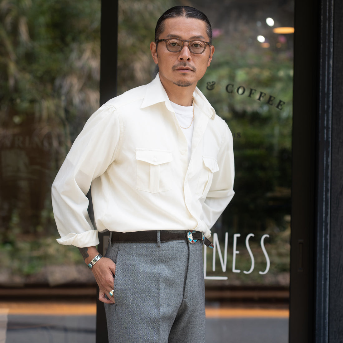 WEARLNESS/Double Pocket Wool Shirt/White